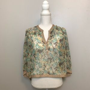 Free People Printed Sheer Half Button Down Blouse